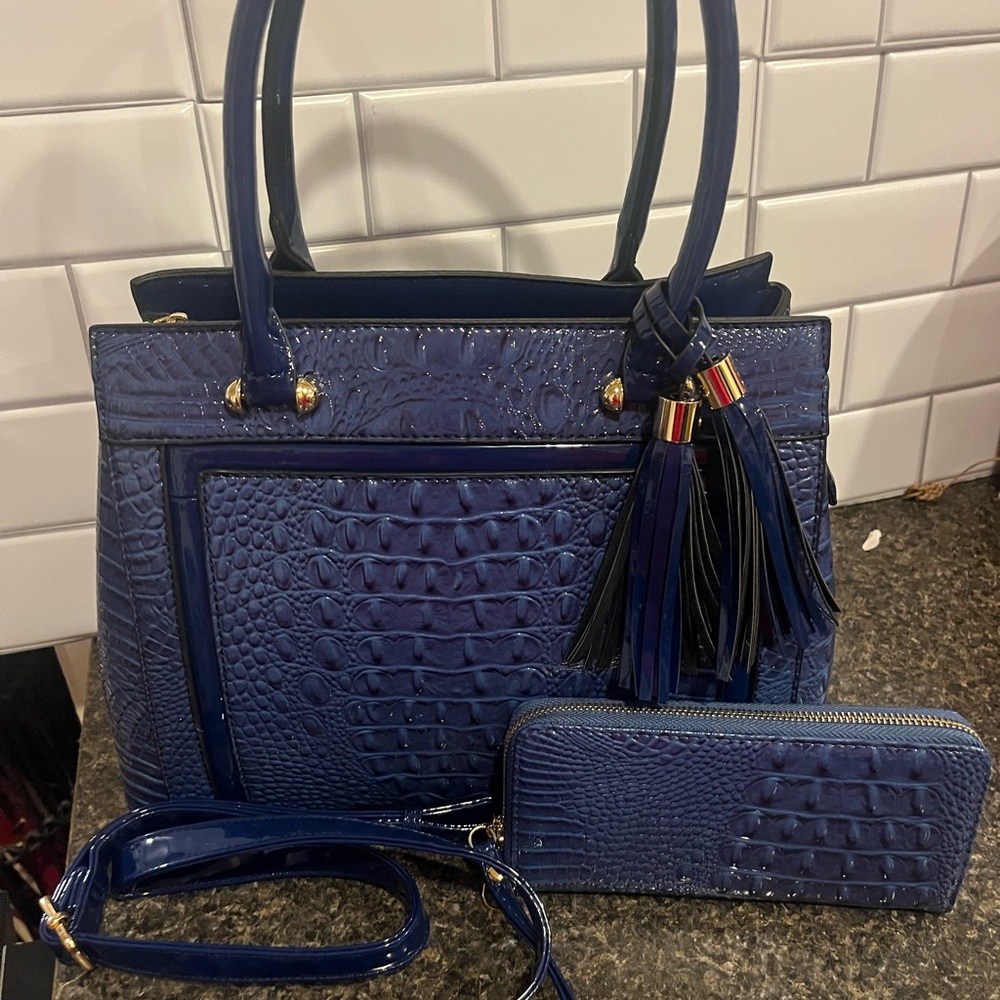 💙 Navy Croc-Embossed 3-Piece Handbag Set with Tassel Accent 💙